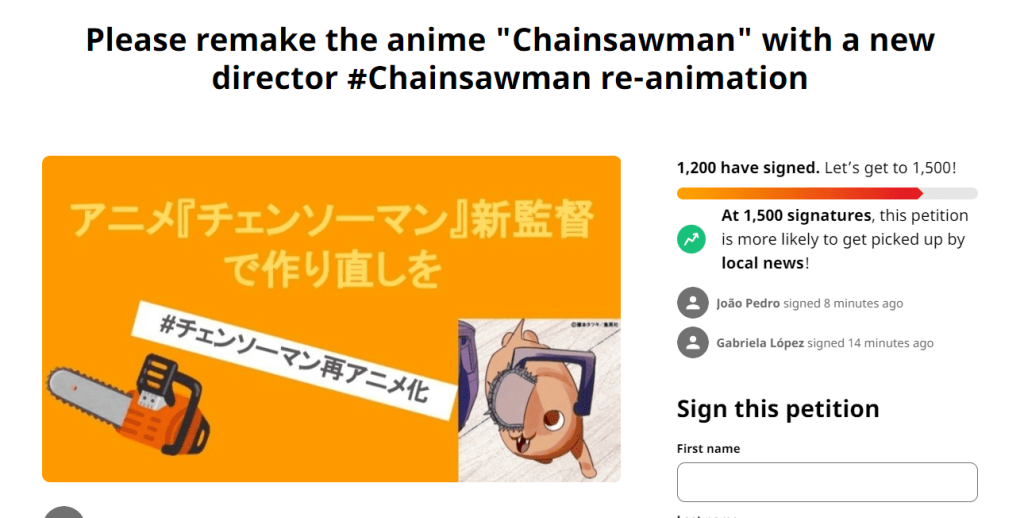 Petition Started To Remake Chainsaw Man Anime With A New Director